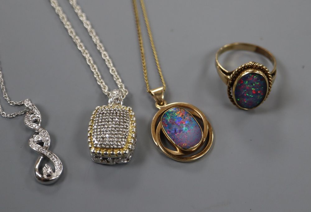 A modern 925 and pave set diamond chip pendant on 925 chain, two other pendants and a ring including simulated opal.